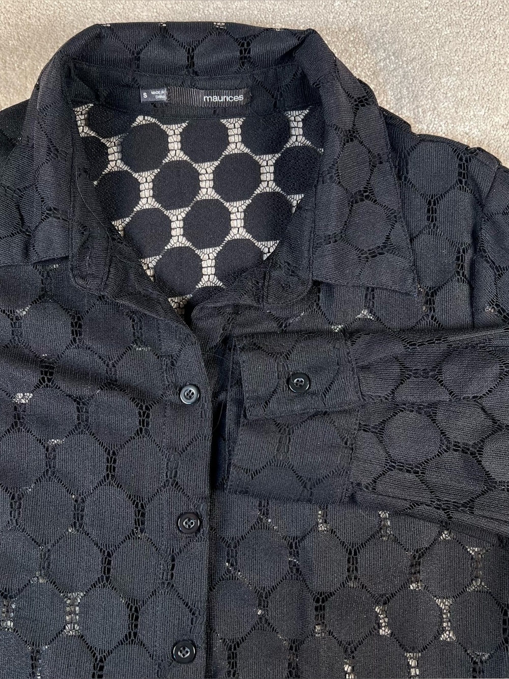 maurices Button Front Sheer Circles Black Shirt Long Sleeve Women's small